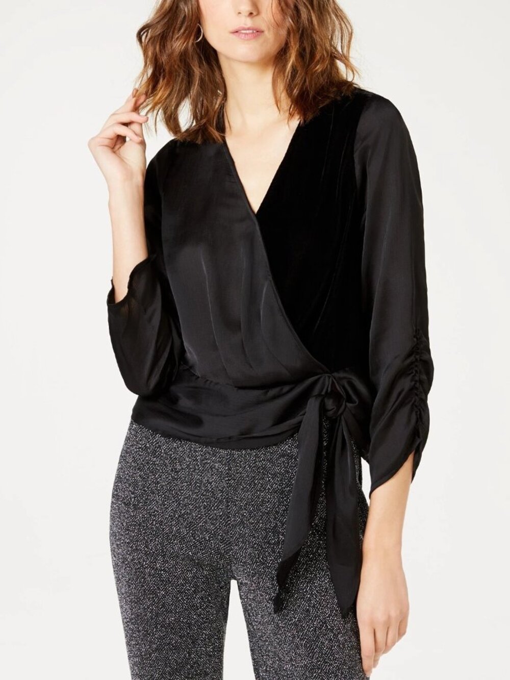 NWT INC Womens Size Medium Black Mixed Media Velvet Surplice Side Tie Top NEW